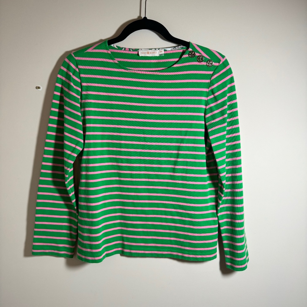 Tory Burch Green and Pink Striped Long Sleeve Tee